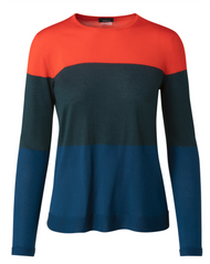 Akris Cashmere Silk Colorblocked Pullover in Poppy Green Petrol, Size 12