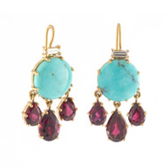 Sylva & Cie. 18K Yellow Gold Turquoise Rhodolite and Baguette Diamond Drop Earrings