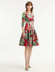 Oscar de la Renta 3/4 Sleeve Split Neck Mixed Botanical Flare Dress in Ruby Multi, Size 6
