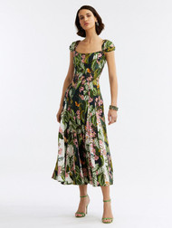 Oscar de la Renta Mixed Botanical Cady Inset Dress in Navy Multi, Size 8