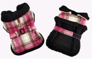 Doggie Design Fleece - Lined Dog Harness Coat - Hot Pink & Tan Plaid