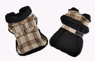 Fleece-Lined Dog Harness Coat - Brown & White Plaid
