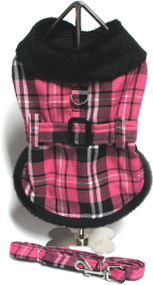 Doggie Design Pink Classic Plaid Wool/Faux Fur Collared Harness Coat w/Leash for Dogs, Large