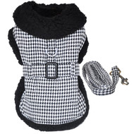Doggie Design Classic Houndstooth Dog Harness Coat with Leash-Black and White