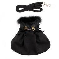 Doggie Design Wool Dog Coat Harness Fur Collar with Matching Leash-Black