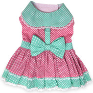 Doggie Design Pink and Teal Polka Dot and Lace Dog Dress Set with Leash