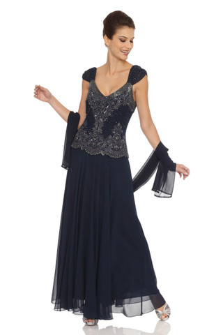 Embellished Bodice Chiffon Dress with Shawl