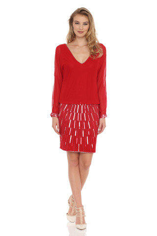 Red Sparkling Rain Down Beaded Dress