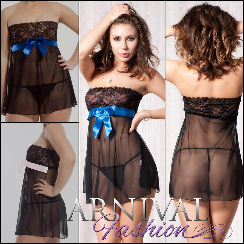 Women See-through Lace Lingerie Babydoll Underwear Cami Nightdress  Sleepwear G-string Set