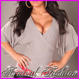 WOMEN SEXY V NECK short LOOSE sleeve KNITTED JUMPER SWEATER TOPS wrap OVERSIZED