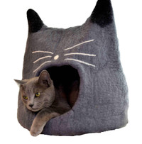 Grey Cat Face Felted Cat Cave