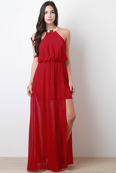 Metallic Accent Halter Maxi Dress