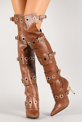 Grommet Mixed Media Pointy Toe Thigh High Boot