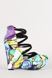 Abstract Print Strappy Platform Wedge