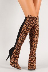 Leopard Mixed Media Stiletto Thigh High Boot