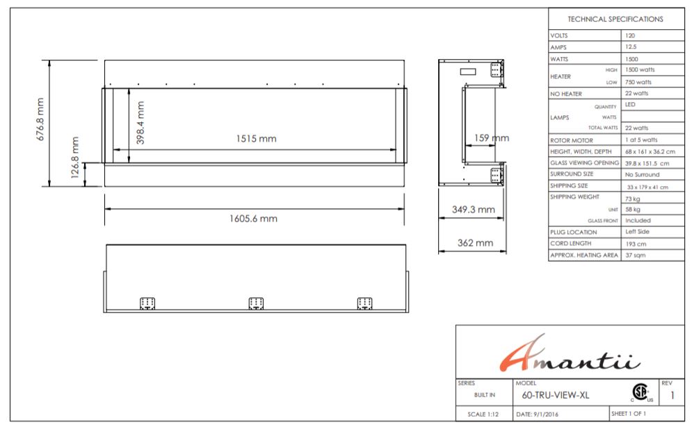 Amantii 3Sided Electric Fireplace - 60-TRU-VIEW-XL drawings