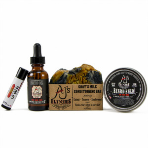 AJ's Elixirs Beard and Body Bundle Pack contains a Beard Shampoo Bar, Beard Oil, Beard Balm, and Lip Salve to provide the best beard conditioning and styling, with lips to match.