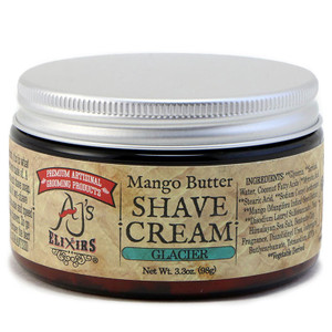 AJ's Elixirs hybrid shave cream, with mango butter, provides a moisturizing thick creamy lather, and incredible blade glide free from clogging.