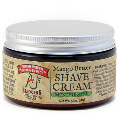 AJ's Elixirs mentholated hybrid shave cream, with mango butter, provides a moisturizing thick creamy lather, and incredible blade glide free from clogging.