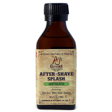 AJ's Elixirs mentholated after shave splash calms, soothes, refreshes, and revives. Combined with powerful vitamins and active botanicals for an effective toner.