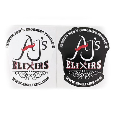 AJ's Elixirs Gold-Class Grooming Branded® vinyl stickers available in black or white designs.