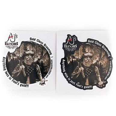AJ's Elixirs Gold-Class Grooming Products® vinyl stickers available in black or white prospector designs.