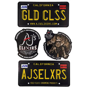 AJ's Elixirs Gold-Class Grooming® vinyl stickers available in Licensed Gold Class, Licensed Branded, Logo, and Prospector designs.