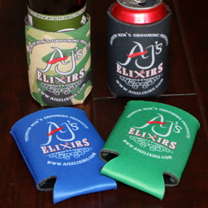 AJ's Elixirs branded collapsible foam can koozies available in four colors and printed on both sides.