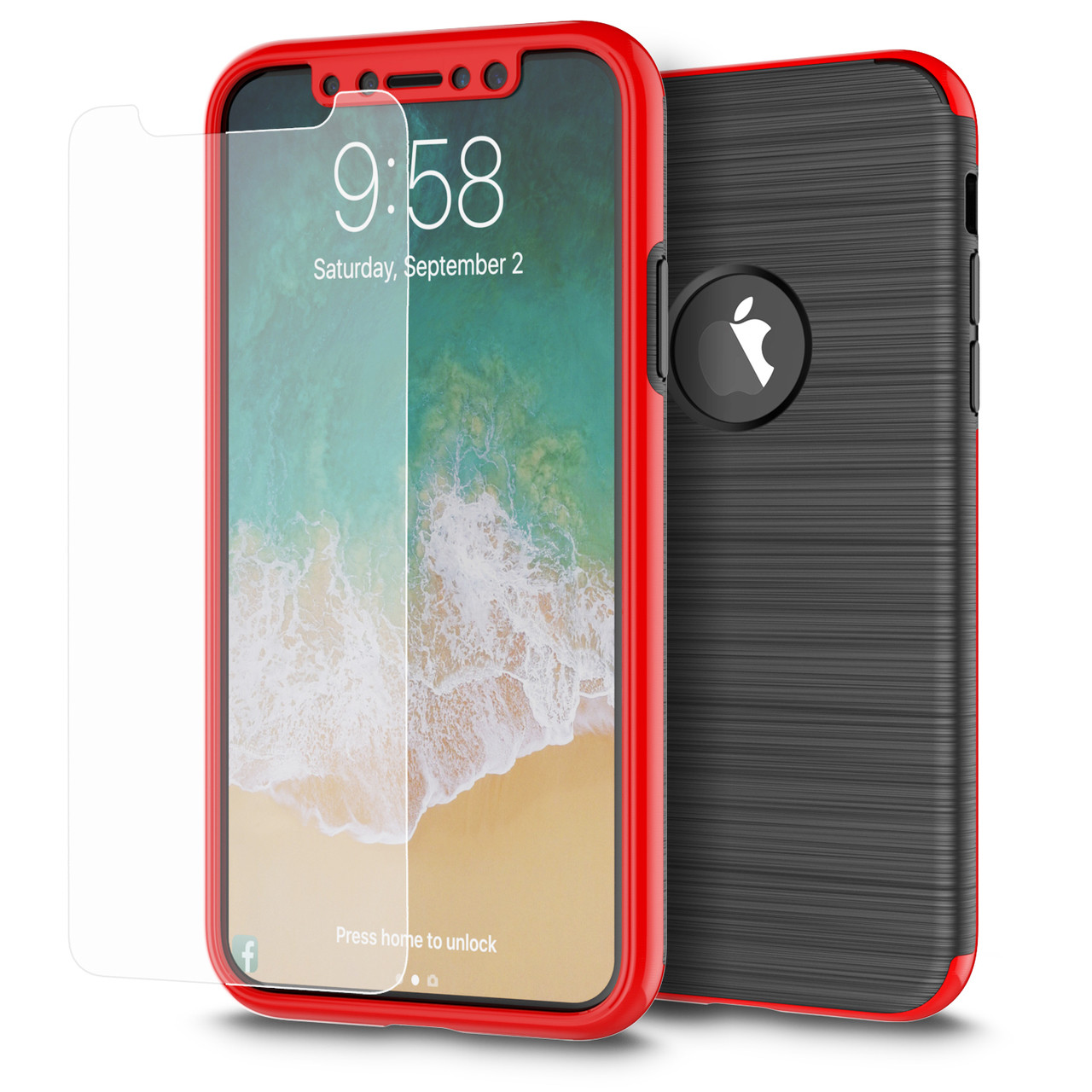360 Full Body Protection Fusion Case with Tempered Glass Screen Protector  for iPhone X - Red - HD Accessory