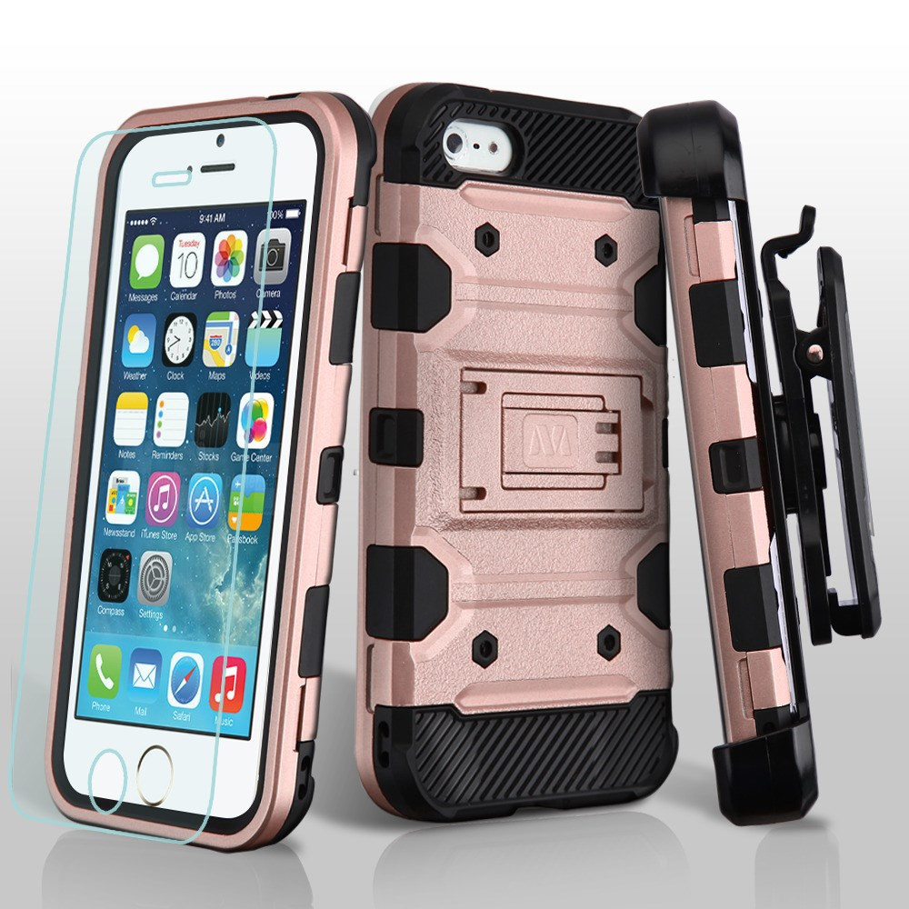 Darmen Conclusie Sjah Military Grade Certified Storm Tank Case + Holster + Tempered Glass for iPhone  SE (1st gen) / 5S / 5 - Rose Gold - HD Accessory