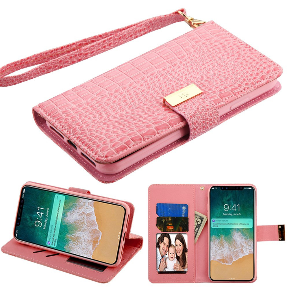 Crocodile Embossed Leather Wallet Case for iPhone XS Max Pink HD