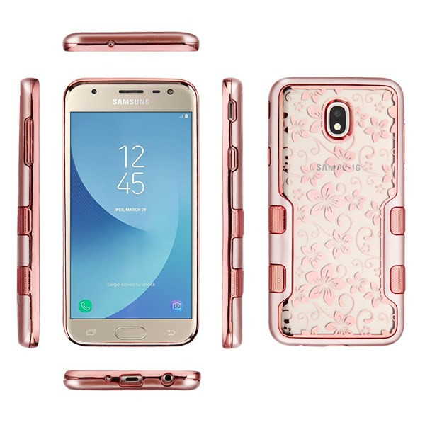 TUFF Panoview Transparent Hybrid Case for Samsung Galaxy J7 (2018) / J7  Refine - Hibiscus Flower Rose Gold - HD Accessory