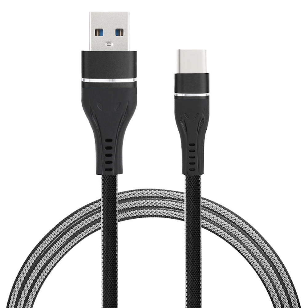 Nylon Wrap USB-C (Type-C) Charge and Sync Tangle-Free Flat USB Cable -  Black - HD Accessory