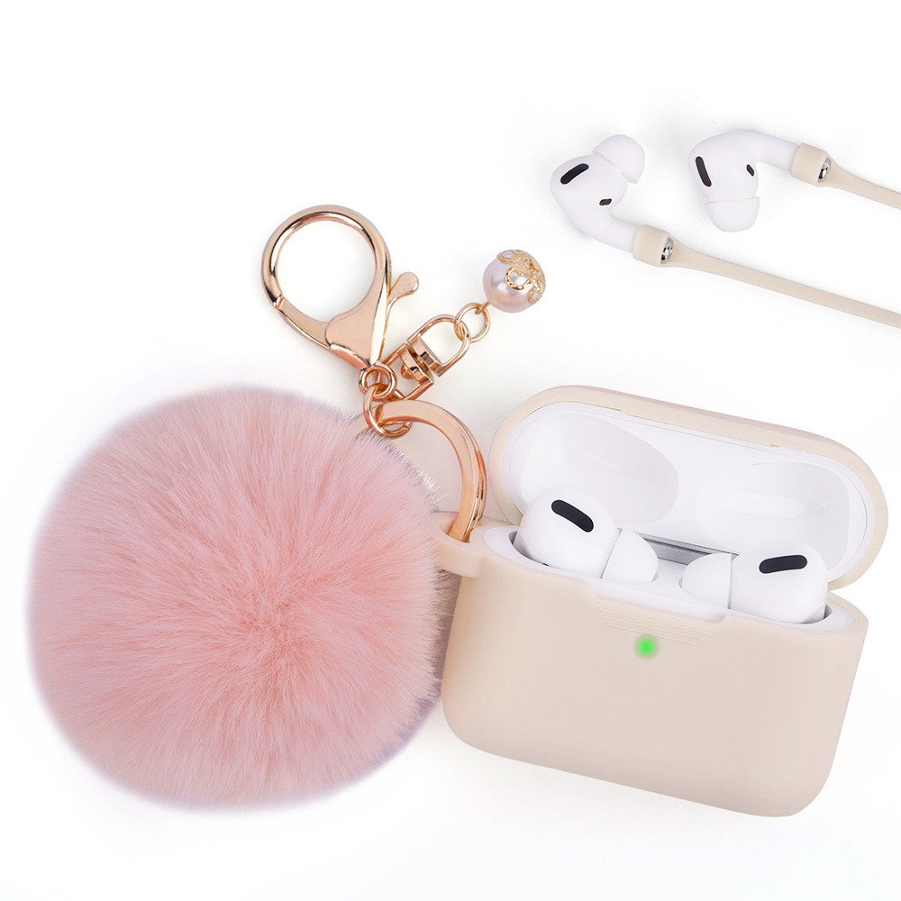 Silicone Protective Case with Anti-Lost Strap and Faux Fur Pom Pom Keychain  for Apple AirPods Pro - Light Pink - HD Accessory