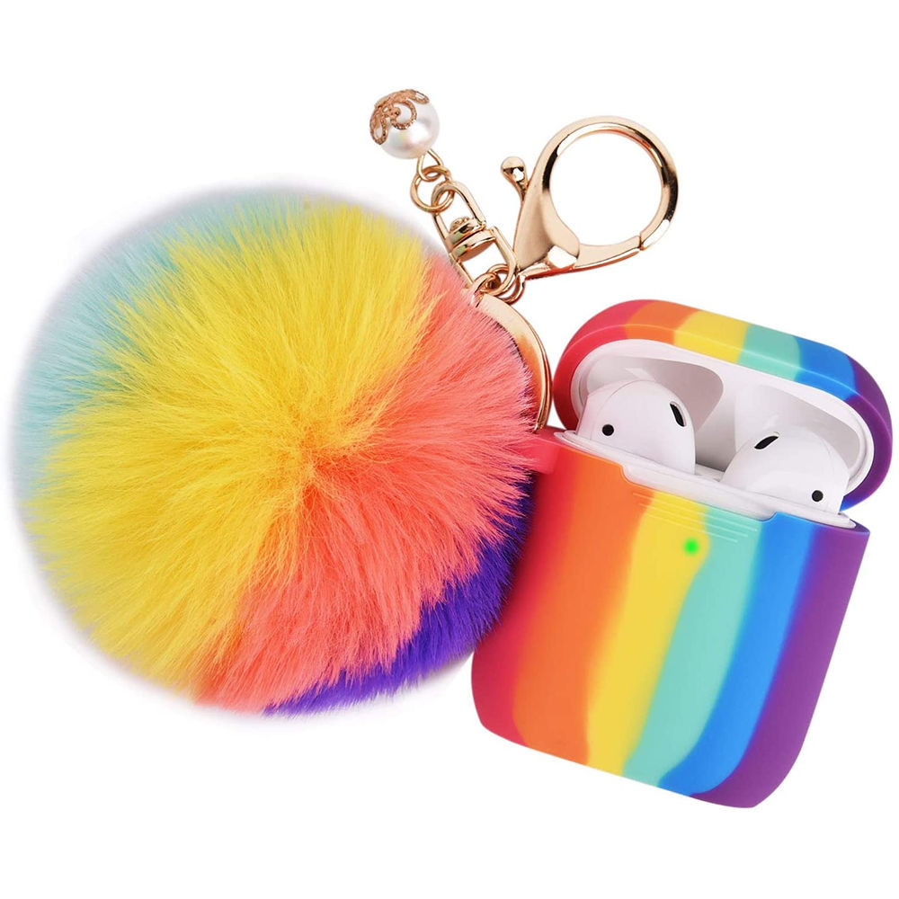 Silicone Protective Case with Faux Fur Pom Pom Keychain for Apple AirPods -  Rainbow - HD Accessory