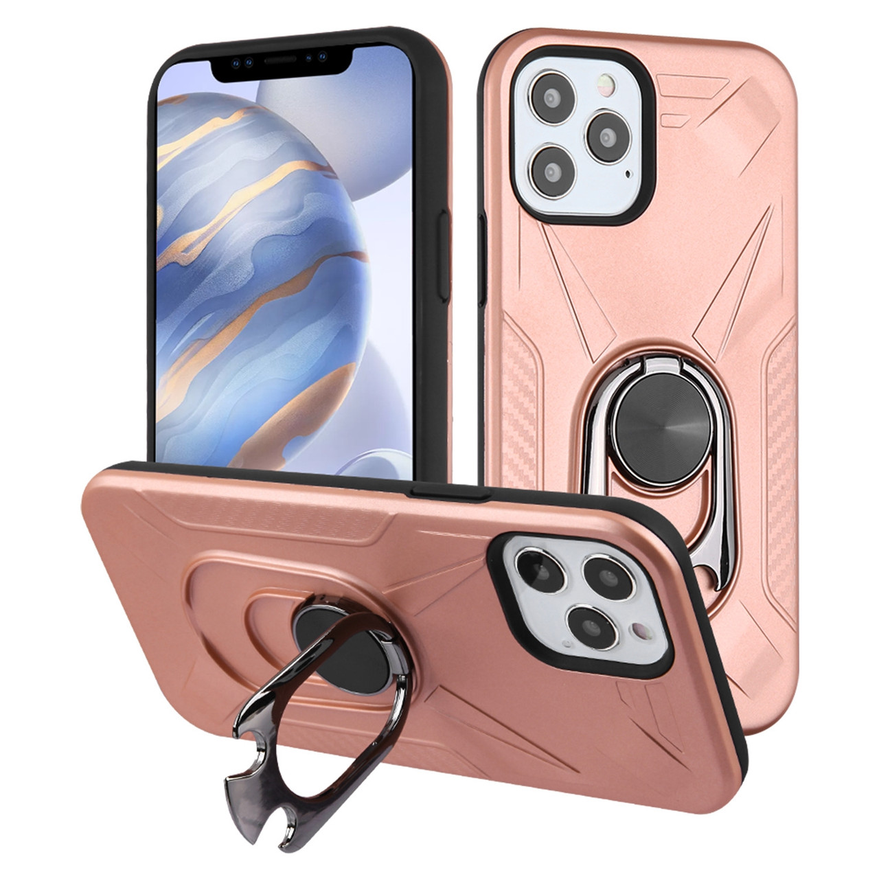 Multifunctional Hybrid Case with 360° Bottle Opener Rotating Ring Holder  Kickstand for iPhone 12 / iPhone 12 Pro - Rose Gold - HD Accessory