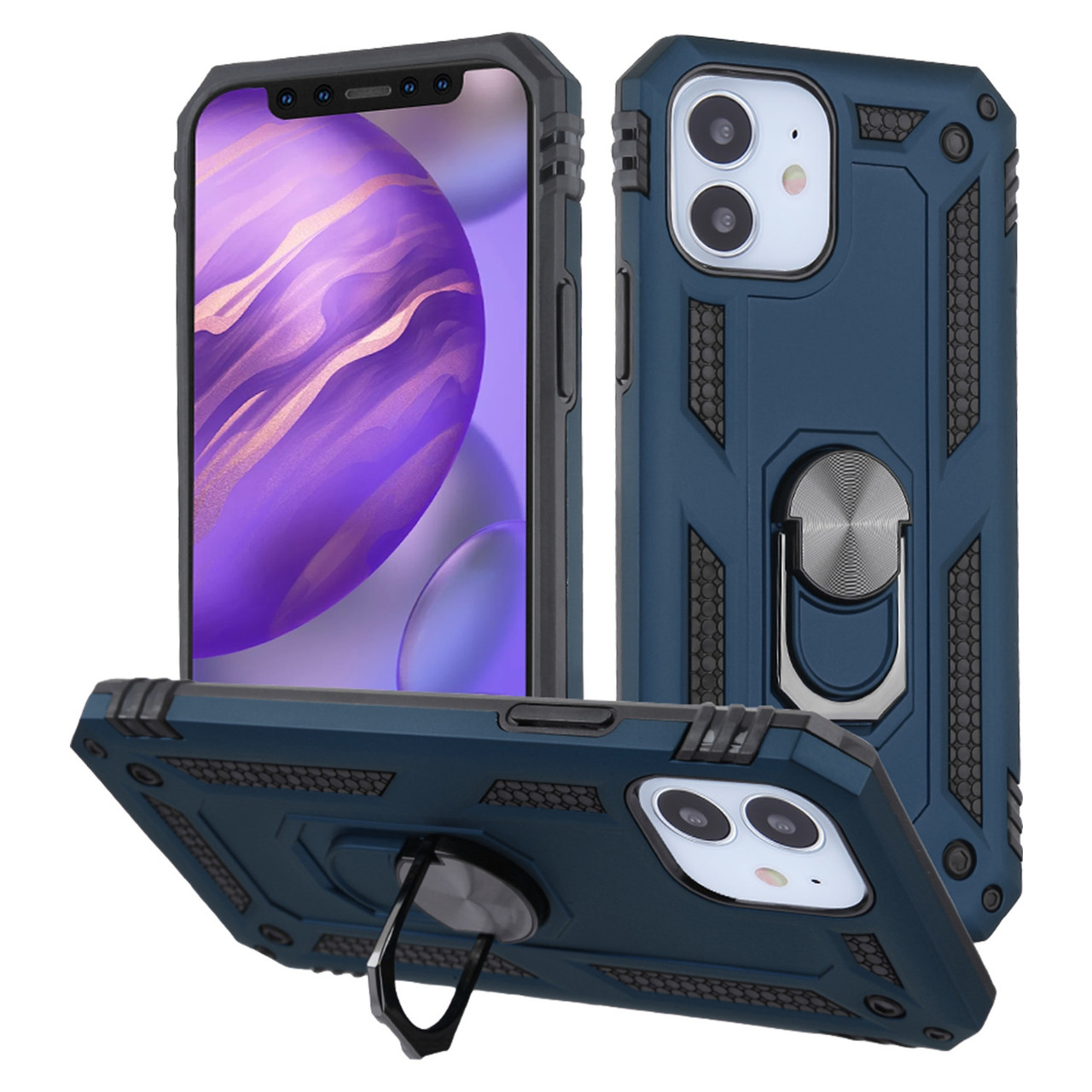 Finger Loop Armor Hybrid Case With 360 Rotating Ring Holder Kickstand For Iphone 12 Mini Navy Blue Hd Accessory