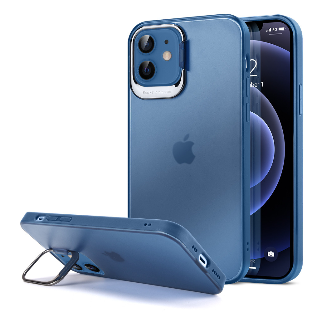 Frosted Matte Transparent Case With Camera Lens Bracket Kickstand For Iphone 12 Mini Blue Hd Accessory