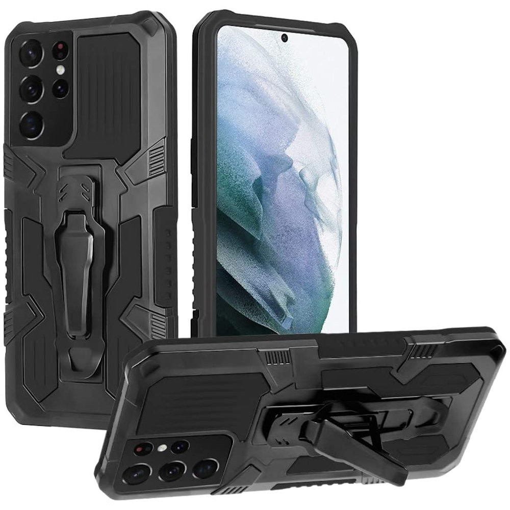 Military Style Hybrid Armor Case With Integrated Belt Clip And Kickstand For Samsung Galaxy S21 Ultra 5g Black Hd Accessory