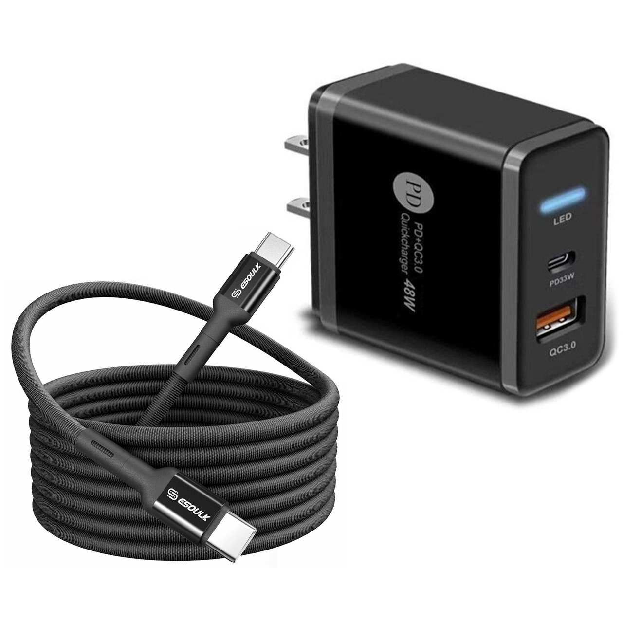 SpeedBoost 33W USB-C PD Power Delivery + 18W Quick Charge 3.0 USB-A Wall  Charger + USB-C to USB-C Cable - Black - HD Accessory