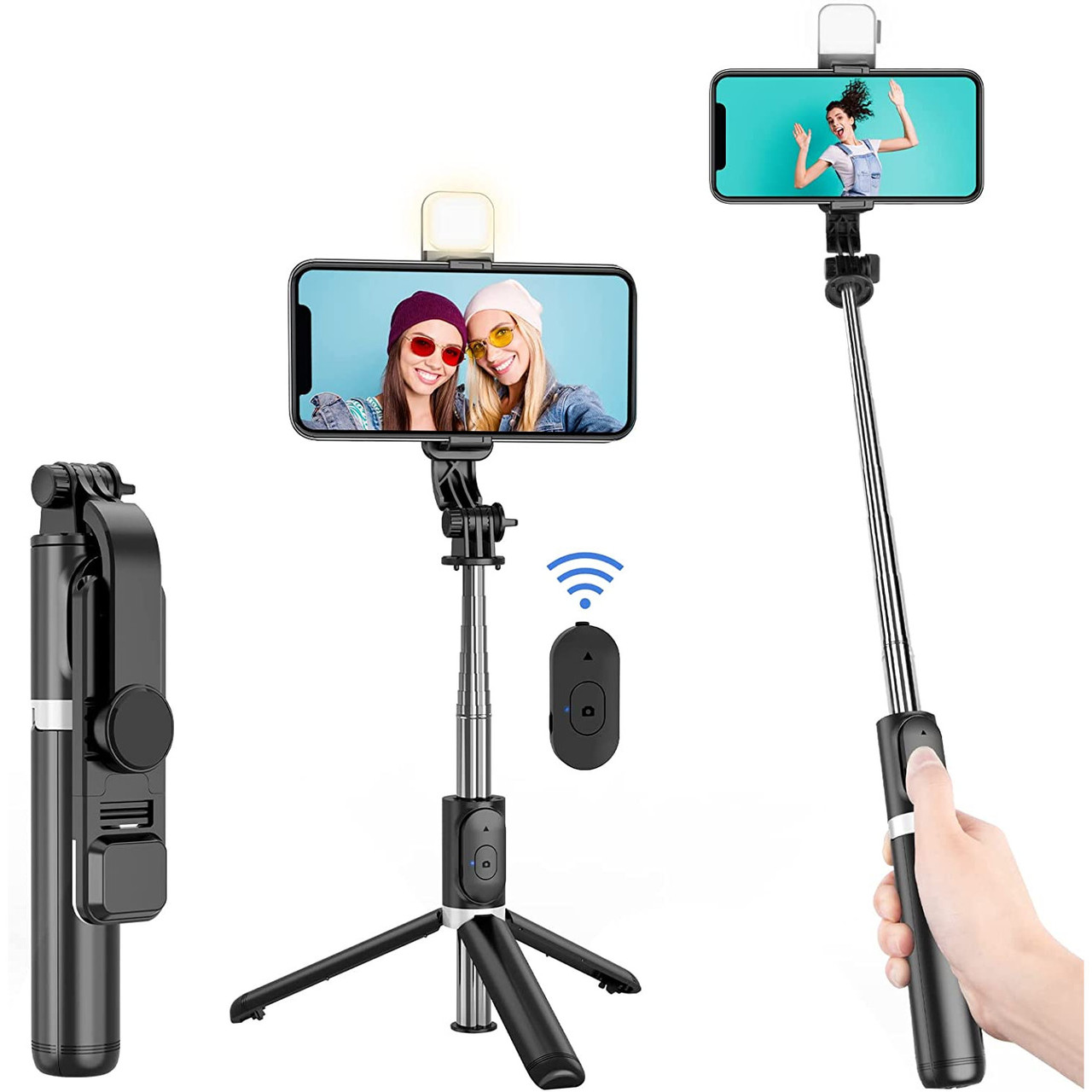 Selfie Stick with LED Light, Wireless Remote Shutter Button and Tripod Base  - Black - HD Accessory