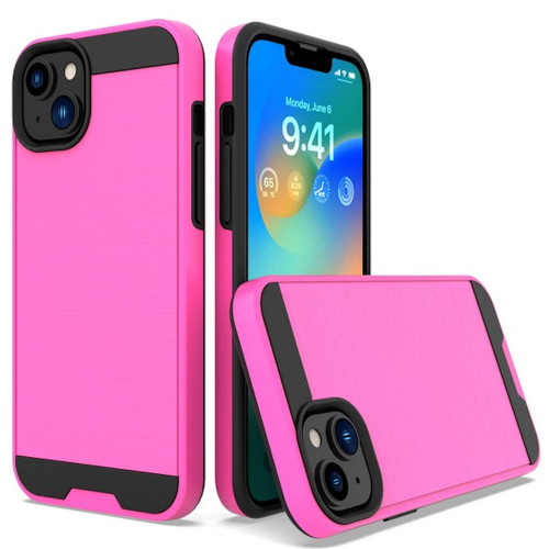 Brushed Metal Textured Hybrid Armor Case for iPhone 14 Plus Hot Pink