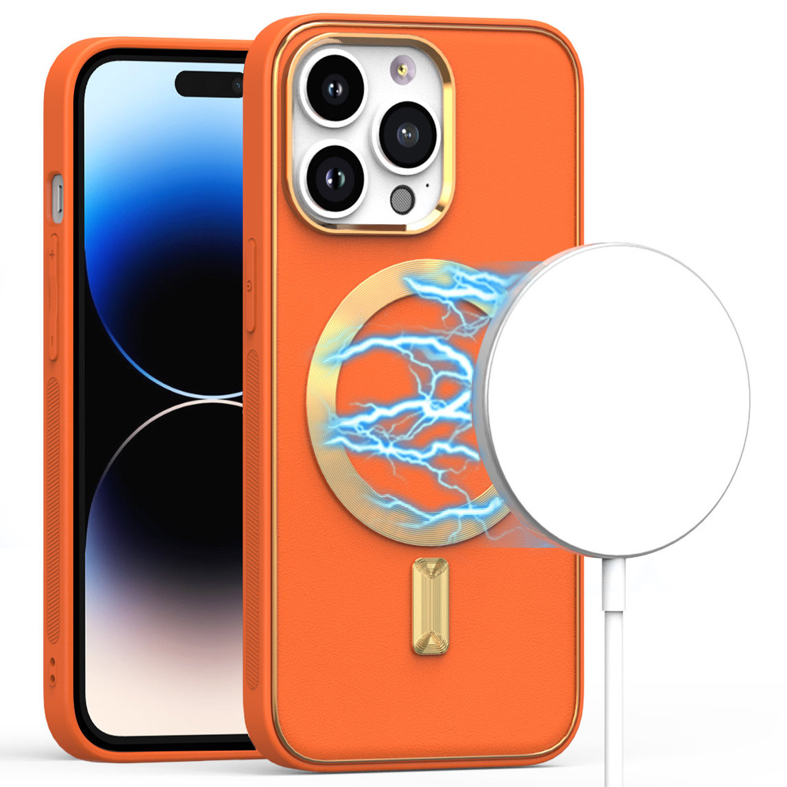 MagSafe Compatible Leather Hybrid Case for iPhone 14 Orange HD
