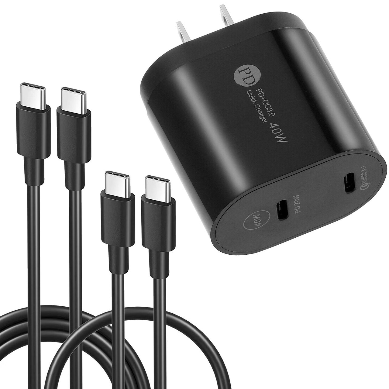 40W Dual USB-C PD 3.0 Power Delivery Wall Charger + 2-Pack USB-C Cable -  Black - HD Accessory