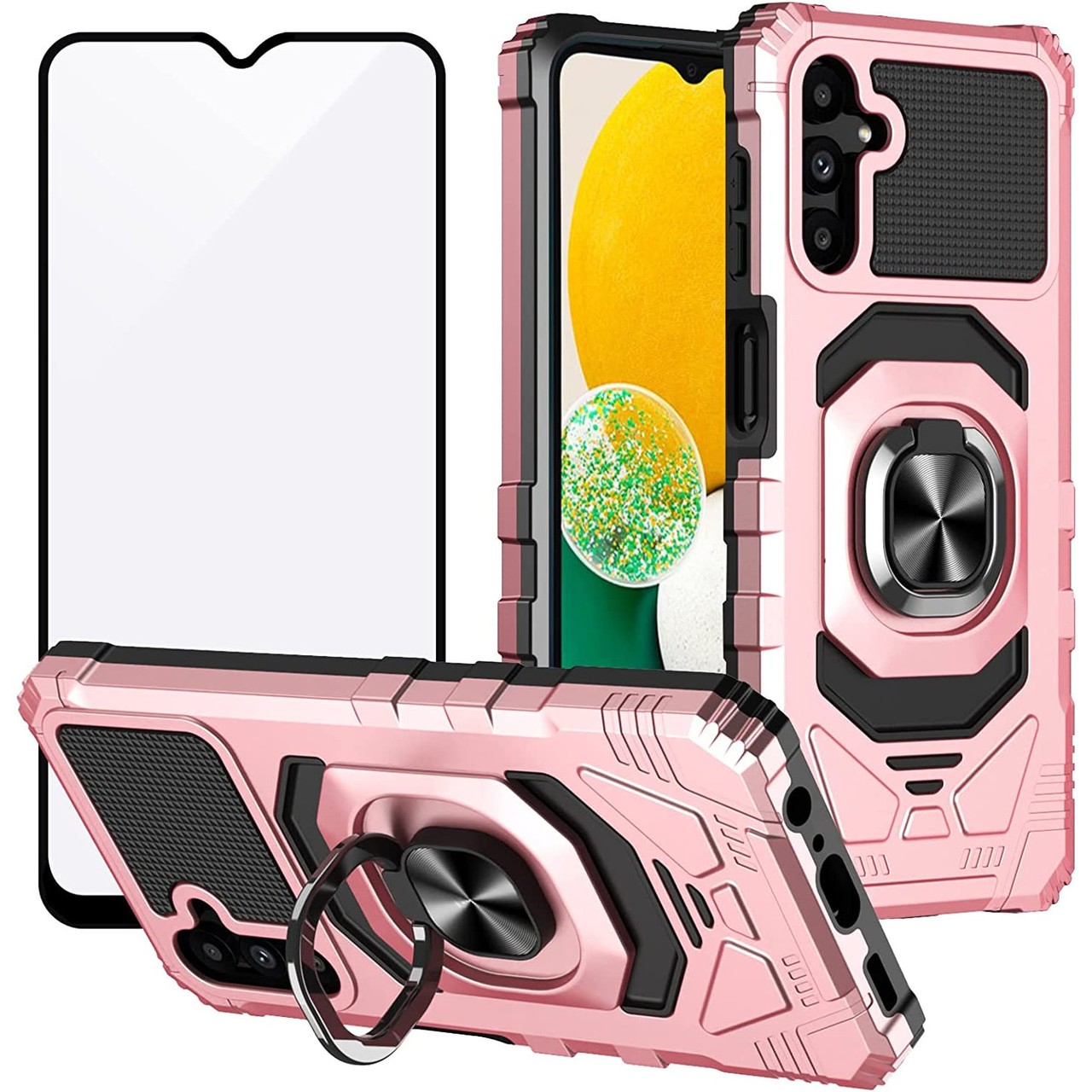 Robotic Series Hybrid Case with Ring Grip Tempered Glass Protector for Samsung Galaxy A14 5G - Rose Gold - HD Accessory