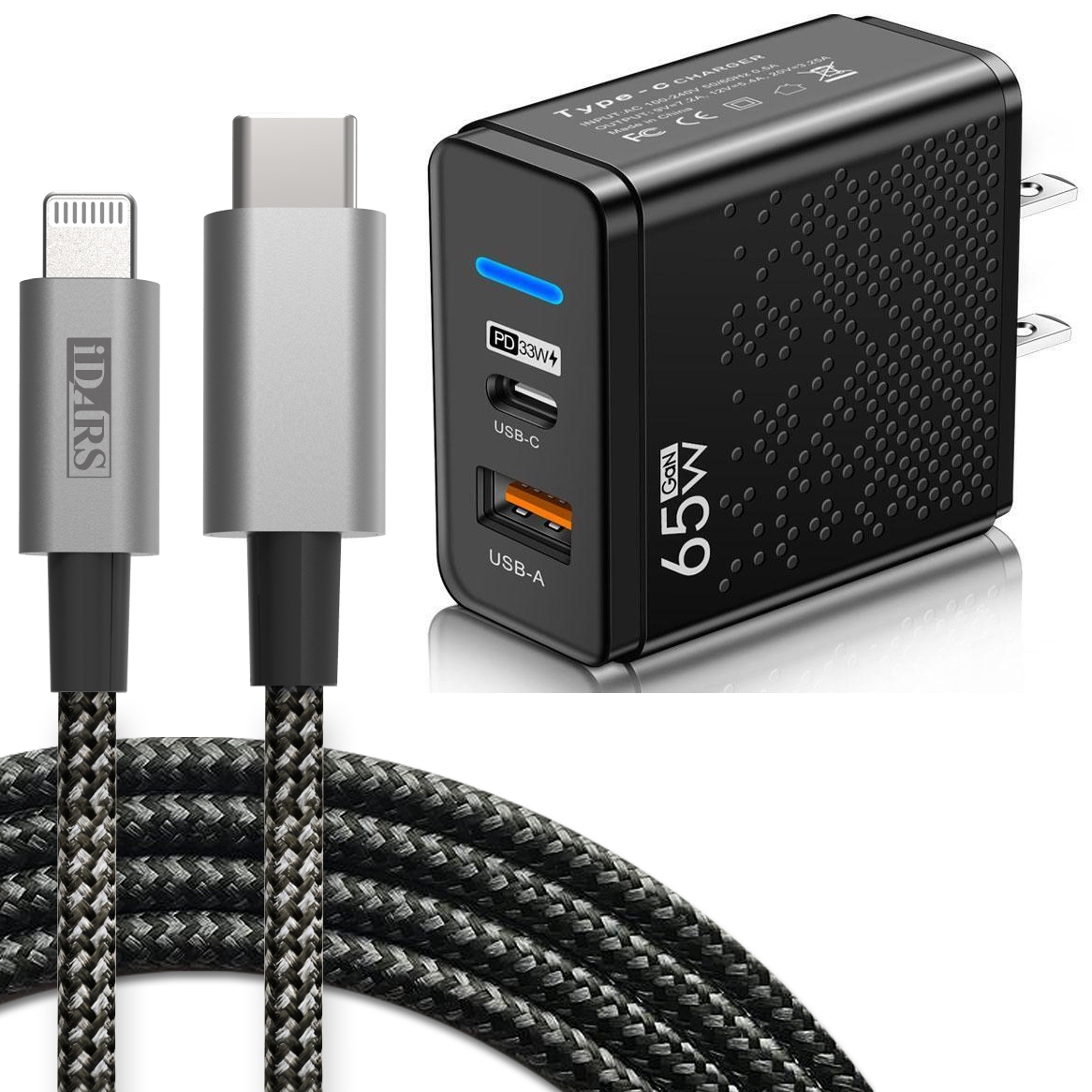 65W GaN Dual Port 33W USB-C PD Power Delivery + 32W Quick Charge 3.0 Wall  Charger + MFi Certified USB-C to Lightning Cable (4 ft) - Black - HD  Accessory