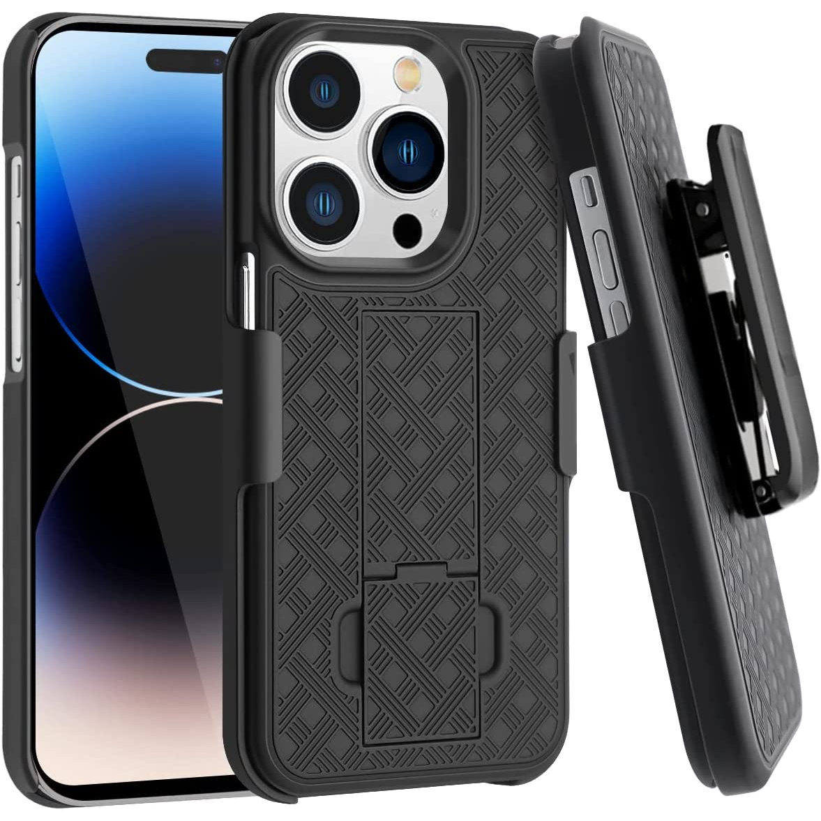 Shell Holster Kickstand Case with Spring Belt Clip for iPhone 14 Pro -  Black - HD Accessory