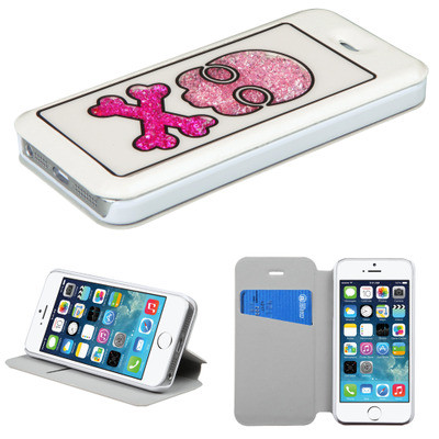 Floating Diamond Leather Wallet Case for iPhone SE (1st gen) / 5S / 5 -  White Skull - HD Accessory