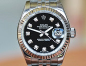 Rolex Ladies Datejust Black Diamond Dial Wht Gold Fluted Bezel Steel 26mm Ref. 179174 