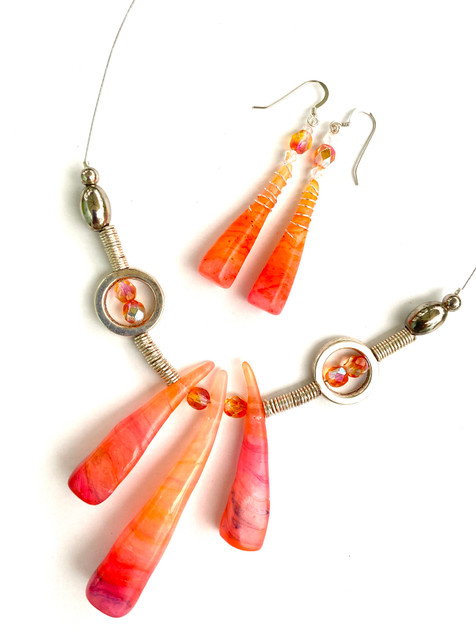 Red Orange Translucent Polymer Clay Necklace and Earrings Set, "Flames of Fire"
